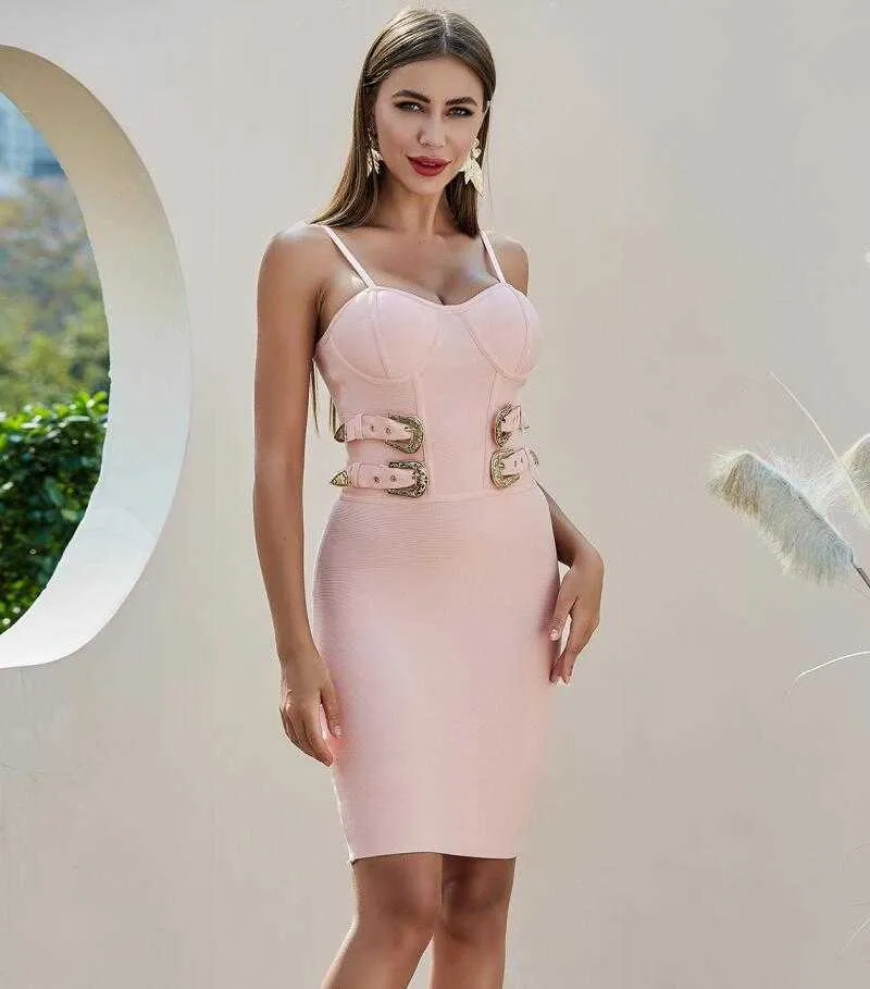 Zomer vrouwen sexy v-hals roze bandage jurk avond ontwerper beroemdheid elegant mentale chique party vestido 210527