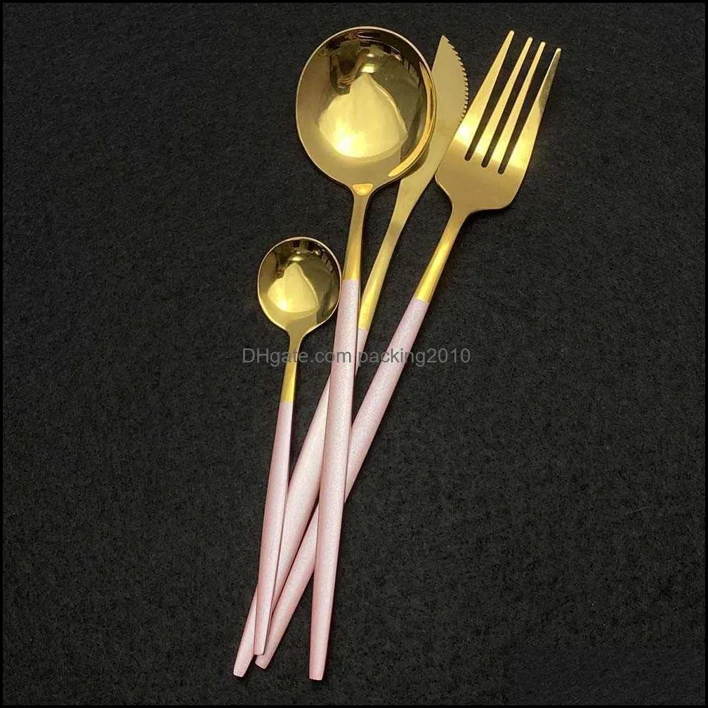 24Pcs White Gold Shiny Dinnerware Set Stainless Steel Knife Fork Spoon Silverware Cutlery Set Kitchen Flatware Tableware Set X0703