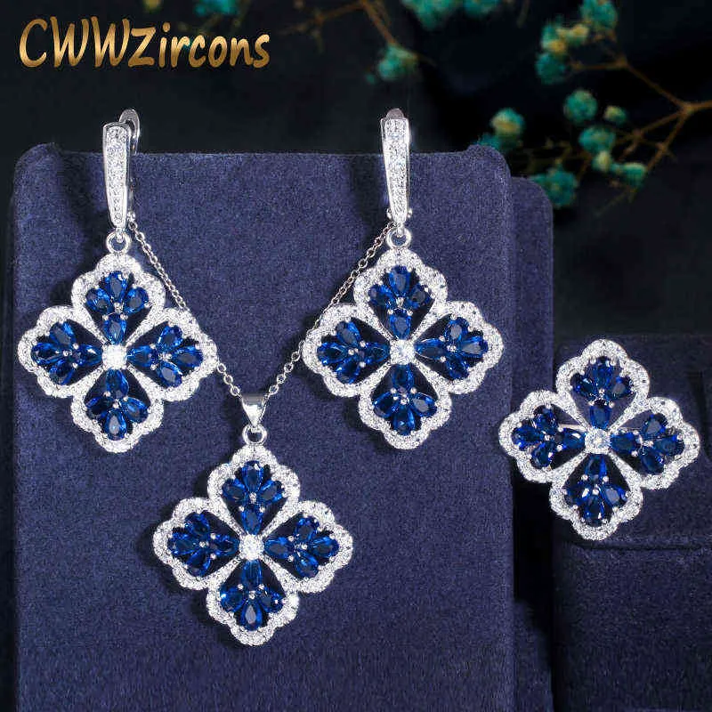 CWWZircons Dark Blue Cubic Zirconia Crystal Big Dangle Drop Lucky Flower Leaf Earring Halsband Ring Kvinnor Chic Smycken Satser T328 211204