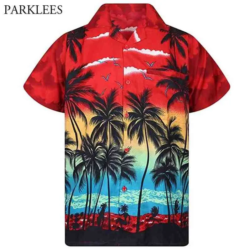 Mens röd hawaiisk skjorta mode palmträd tryckt strand bär s avslappnad knapp ner tropisk aloha camisa hawaiana 210626