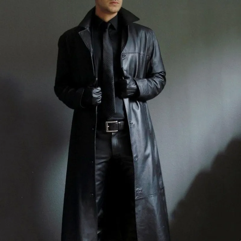 Herren-Lederjacken, einfarbig, cooler Reverskragen, Retro-Gothic-Stil, Trenchcoat, Motorradjacke, modische Kunstlederjacken