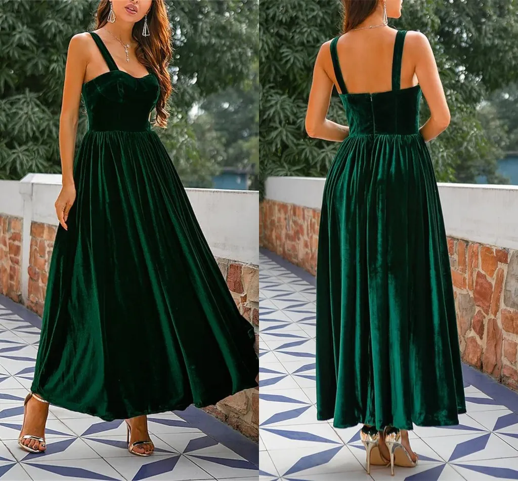 Sexy A-Line Prom Dresses Velvet Spaghetti Strap Sleeveless Ankle Length Pleats Formal Cocktail Party Dress Custom Made