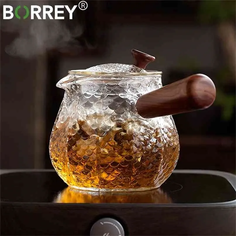 Borrey 500ml Ręcznie wykonane odporne na ciepło szkło czajniczek garnek z drewnianą rączką wrzący czajnik kawa Puer 210724