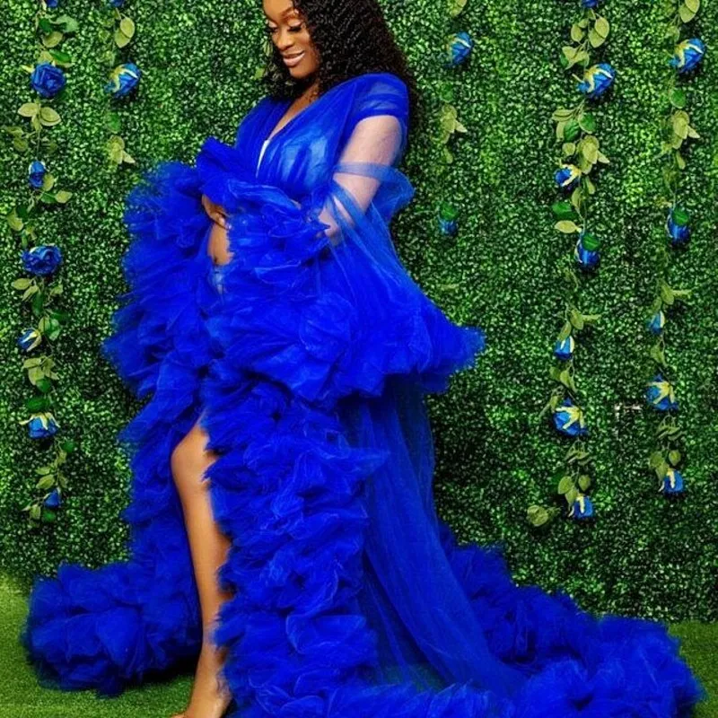 Royal Blue Tulle Dresses Sleepwear Women Extra Puffy Lång Badrockar Formell Bridal Fluffy Maternity Robe Foto Shoot Dress