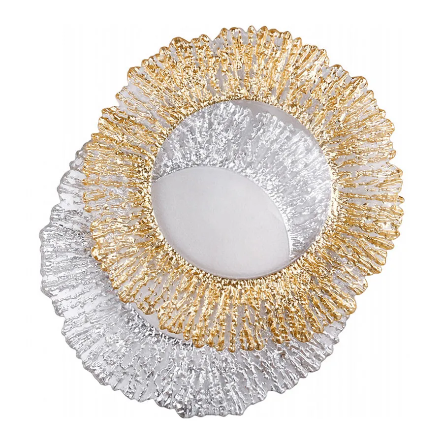 Silver Gold Bark Edge Decorative Charger Plate Flower Shape Glassware Floral Tray for Wedding Party Anniversary