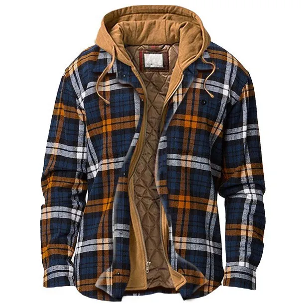 Men's Casual Hooded Thick Jacket Fake Two-piece Plaid Long Sleeves Coat 2022 Autumn and Winter