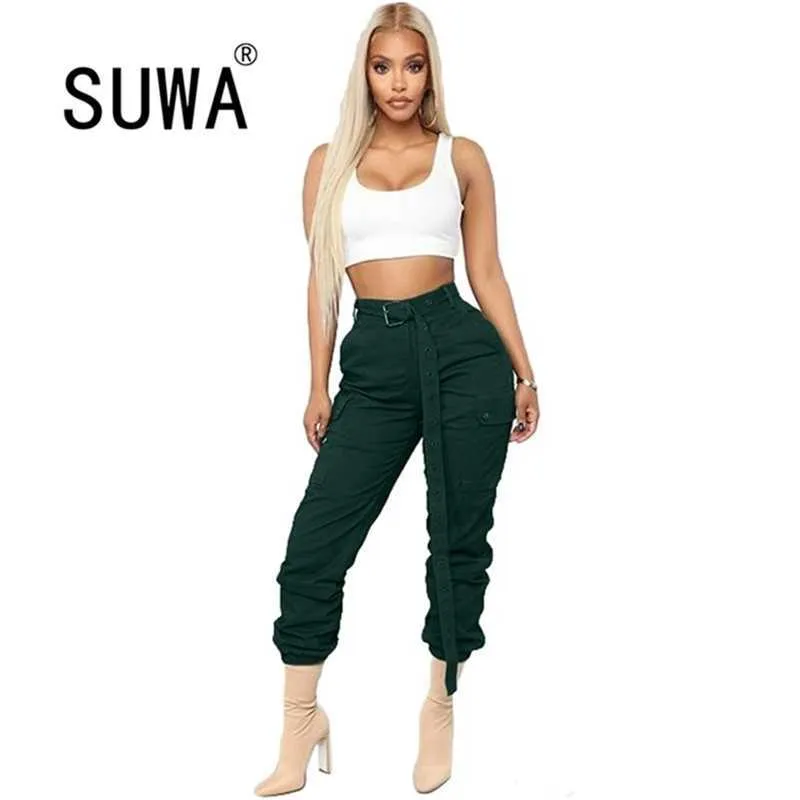 Verkoop effen kleur mode casual broek overalls met riem hoge taille broek cool meisje dans k-pop vrouwen joggingbroek 210525