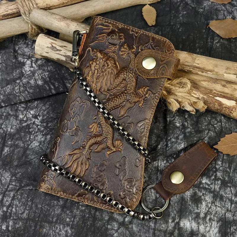 Wallets Men Vintage Crazy Horse Leather Chain Wallet Genuine Bifold Long Snap Card Holder Tiger Dragon Coin Pocket Purse