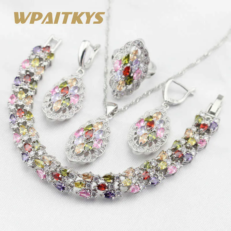 Multicolor Stones CZ Silver Color Jewelry Sets For Women Charms Necklace Pendant Bracelets Drop Earrings Rings Free Gift Box H1022