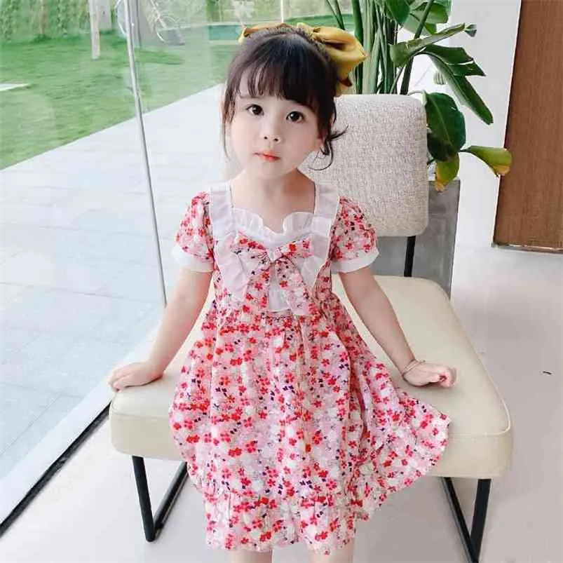 Le ragazze di fiore estive vestono il vestito da principessa a maniche corte in chiffon di pizzo con papillon Elegante adorabile vestiti per bambini del bambino del partito coreano 210715