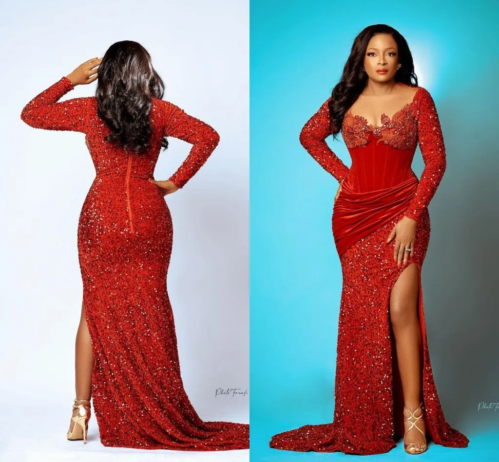 Plus Size Red Sparkly Syrenki Suknie Wieczorowe Z Długim Rękawem Aso EBI Arabski Koronki Zroszony Afryki Prom Recepcji Druga sukienka