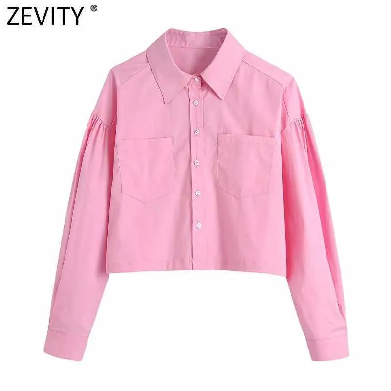 Zevity Women Simply Solid Color Podwójne kieszenie Patch Krótkie koszule Office Lady Długie Rękaw Bluzka Roupas Chic Chemise Topy LS9240 210603