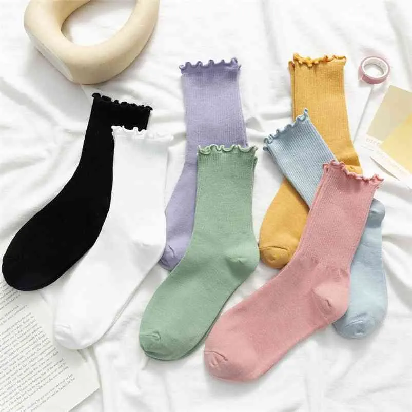 5 par crew sock pack solid bomull socka ita vit svart knä höga strumpor streetwear hajuku frilly strumpor 210720