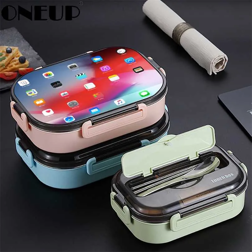 ONEUP Portable 304 Stainless Steel Lunch Box Japanese Style Compartment Bento Kitchen Leakproof Food Container 211104