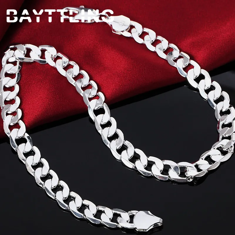 BAYTTLING 925 Silver 18/20/22/24/26/28/30 inches 12MM Flat Full Sideways Cuba Chain Necklace For Women Men Fashion Jewelry Gifts