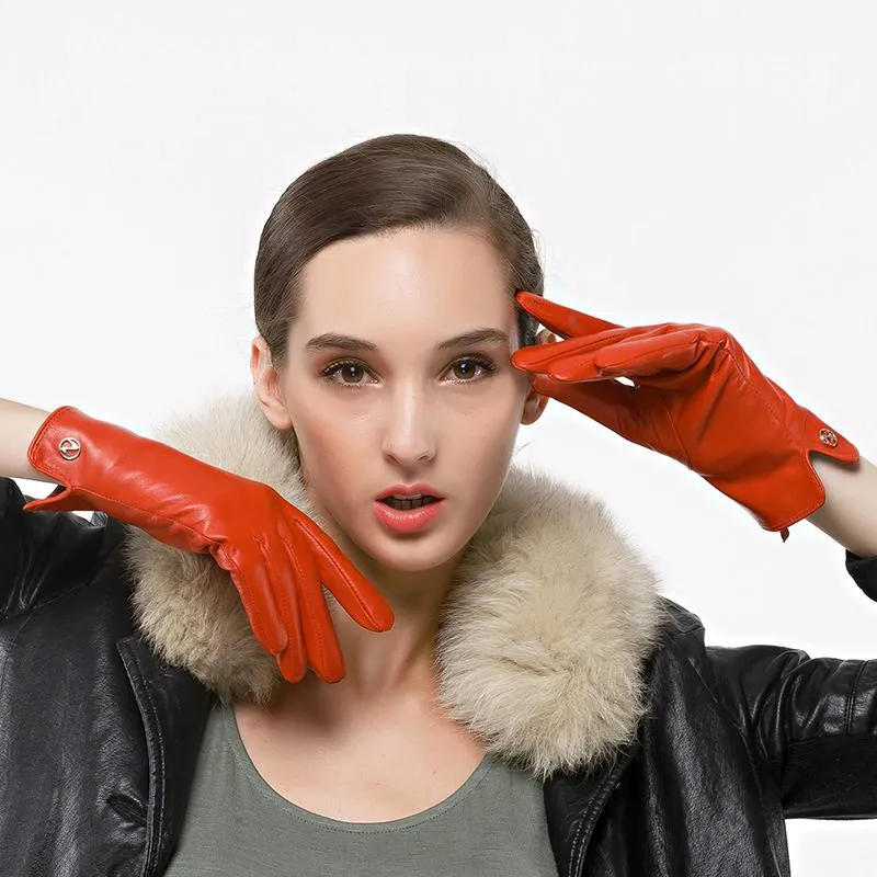 Fingerless Gloves Fashion Classic Women Glove With Velvet Short Lambskin Leather Winter Goatskin Warm Mittens Simple Long Lady Nappaglo