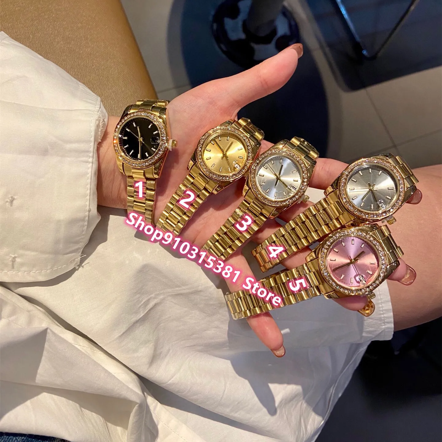 Luxury Women Yellow Gold Geometric Calendar Watches Stainless steel pink black dial Quartz Wristwatch Female Clock 31mm