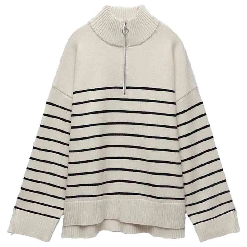 Striped Long Sleeve Mock Neck Loose Stick Sweater 210812