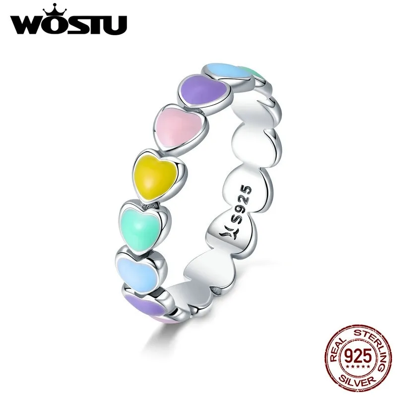 Wostu 925 Sterling Silver Multi-Color Rainbow Heart Finger Ringar För Kvinnor Mode Anniversary Ring Smycken Gift CQR444