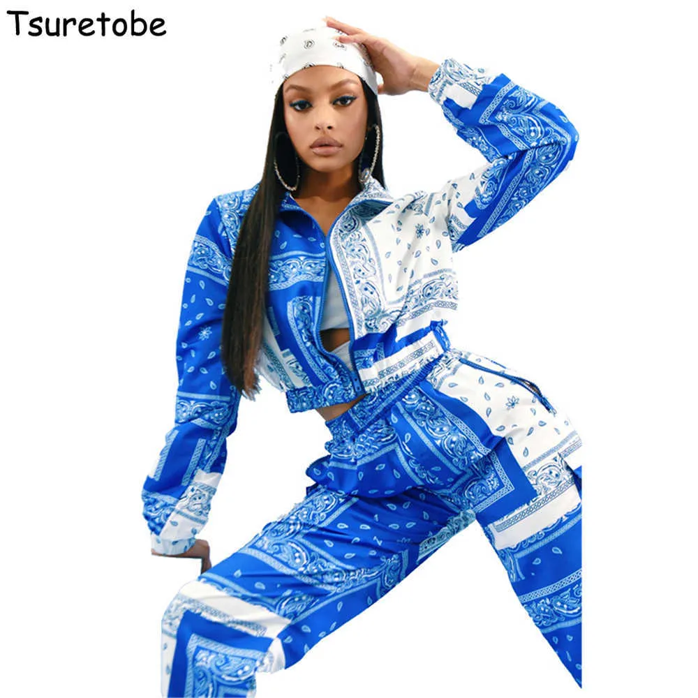 Tsuretobe Bandanna Drukuj Dwuczęściowe Zestaw Kobiet Kurtka Przyrodniowa Baggy High Waist Spodnie Y2K Dres Women Fashion Birthday Stroje Y0625