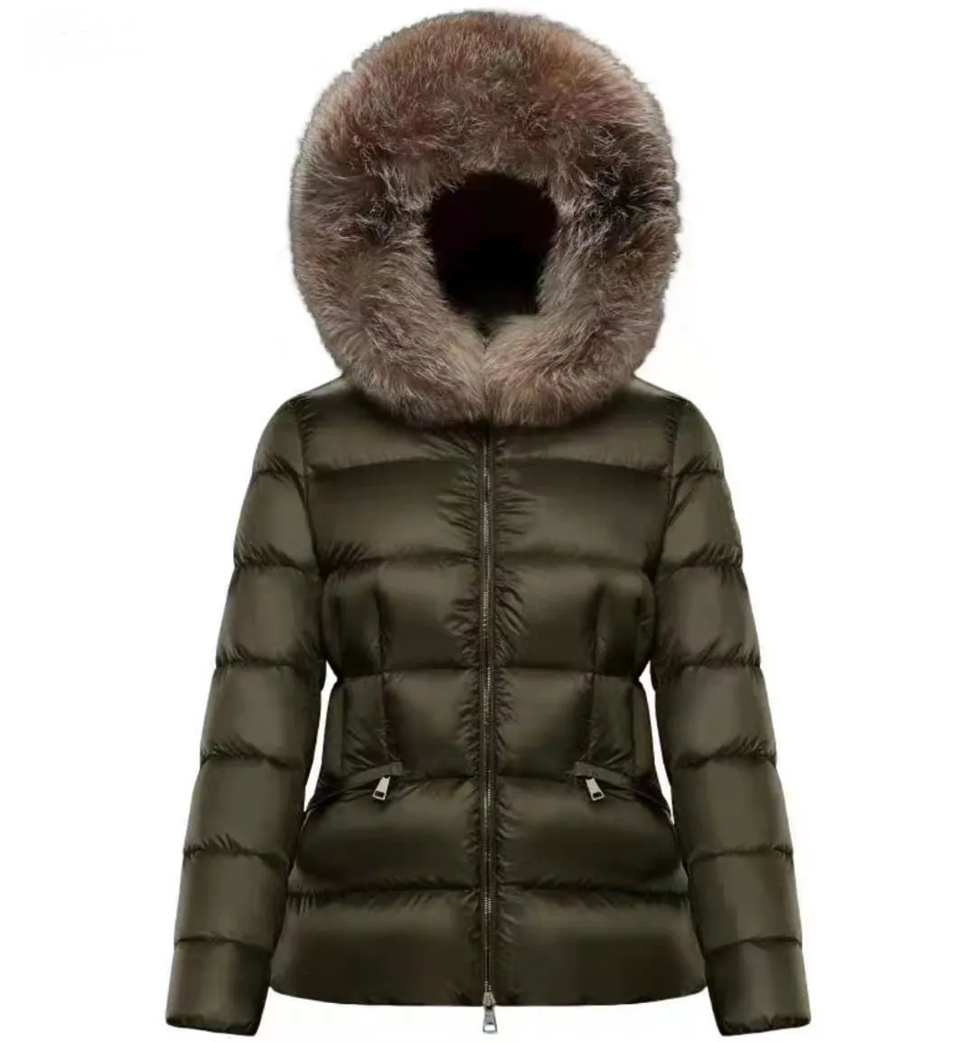 Jaqueta feminina de náilon curta com fecho de zíper bolsos cinto grosso casaco quente designer clássico senhora pele capuz longo inverno outwear