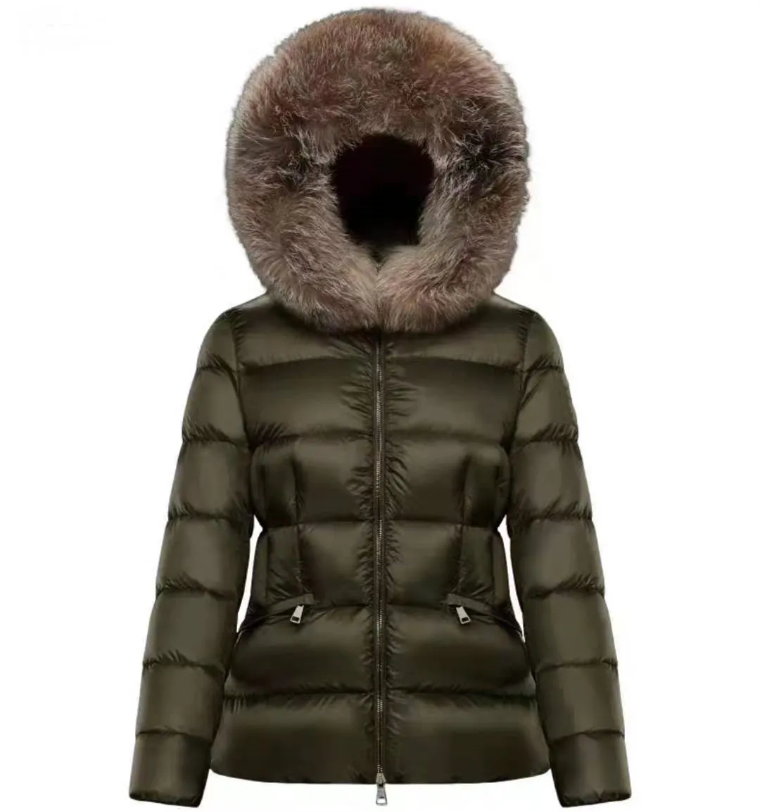 Women Nylon Short Down Jacket Zipper Closure Pockets BeltThick Warm Coat Classic Designer Lady Fur Hood Long Winter Outwear