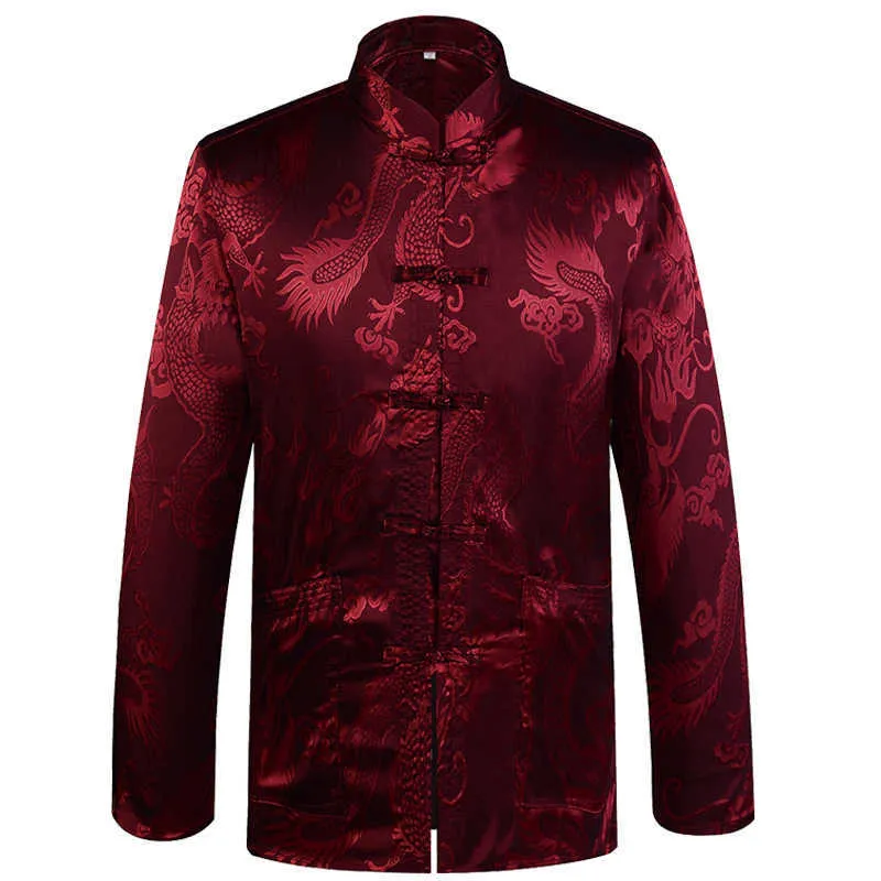 Yeni Varış Çin Geleneksel erkek Saten Mandarin Yaka Dragon Ipek Tang Suit Giyim Kung Fu Ceket Kaban Casual Homewear X0621