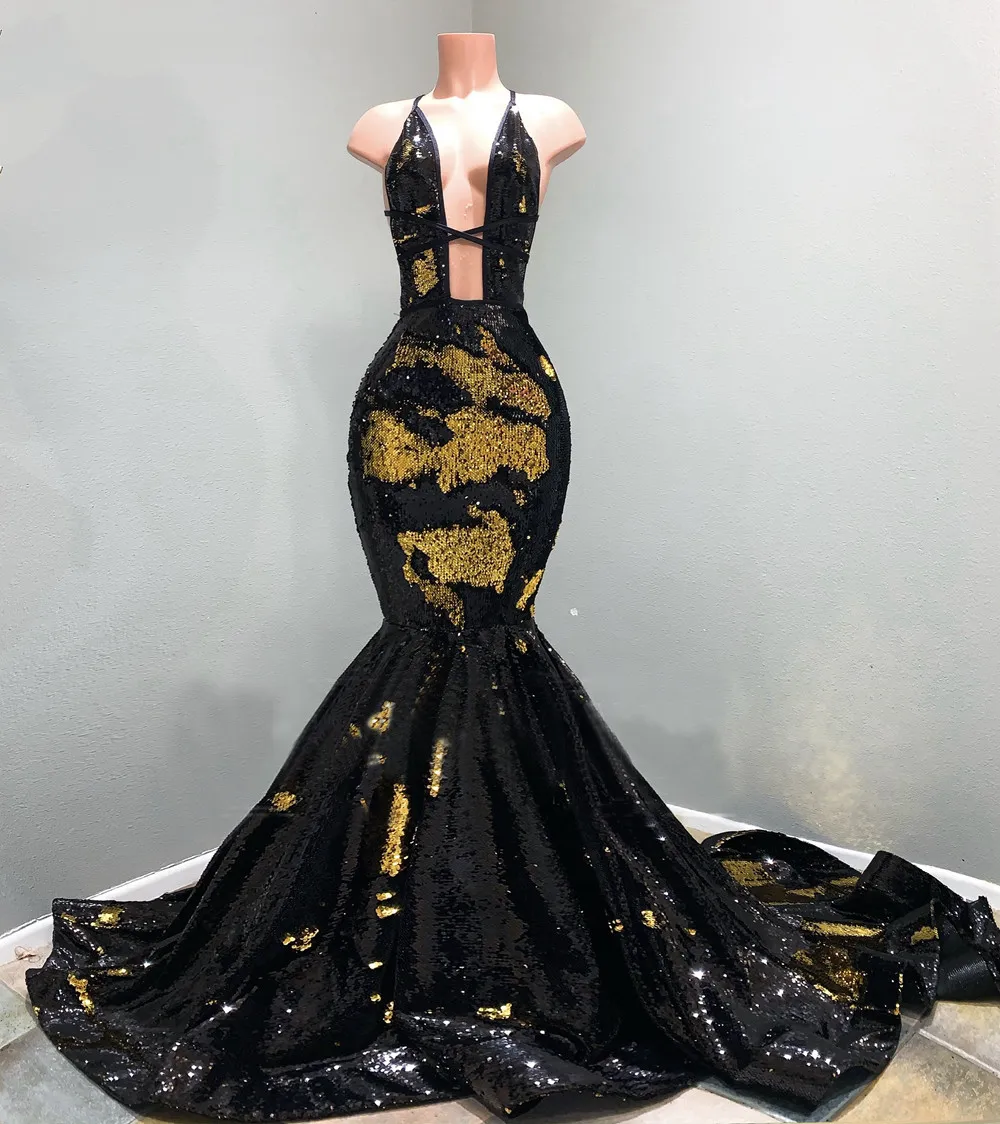 Długie suknie wieczorowe 2022 Sexy Syrenka Styl Halter Gold and Black Cekiny Afryki Czarnej Dziewczyny Kobiet Prom Dress