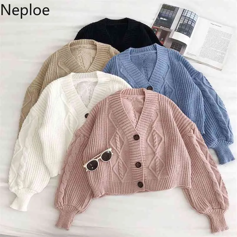 Neploe coréen torsadé court casual pull Cardigan à manches longues col en v automne hiver solide femmes tricoté veste 4E028 210914