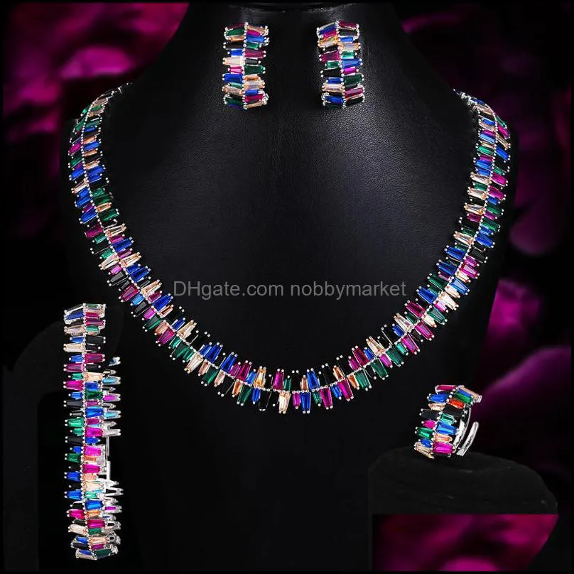 Earrings & Necklace Missvikki Nigerian Wedding African Shiny Multicolor Bangle Ring 4PCS Jewelry Set Woman Bridal Bijoux