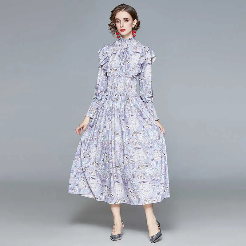 Light Purple Women Stand Neck Lantern Sleeve Long Dress Winter Elegant Sexy Slim Ladies Print Floral Party Dresses Vestdios 210525