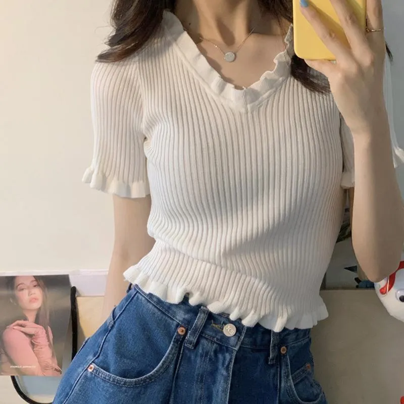 Women's T-Shirt 2021 Summer Casual For Women Sexy Solid Striped Crop Top V Neck Ruffle Female Ladies Korean Basic White Tees