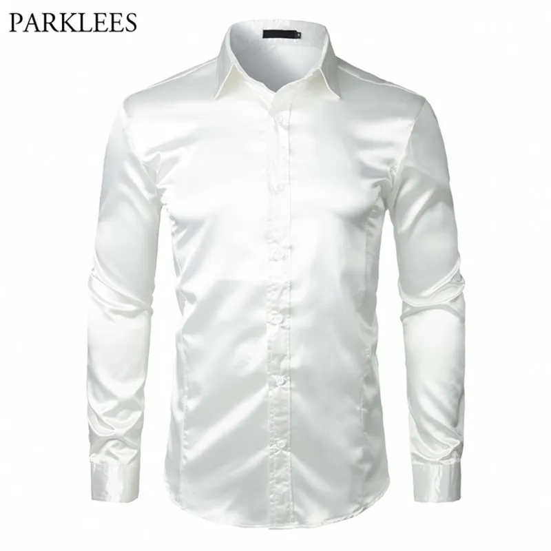 Chemise en satin de soie blanche élégante Hommes Chemise Homme Casual Manches longues Slim Fit Mens Robe S Business Mariage Mâle 210626