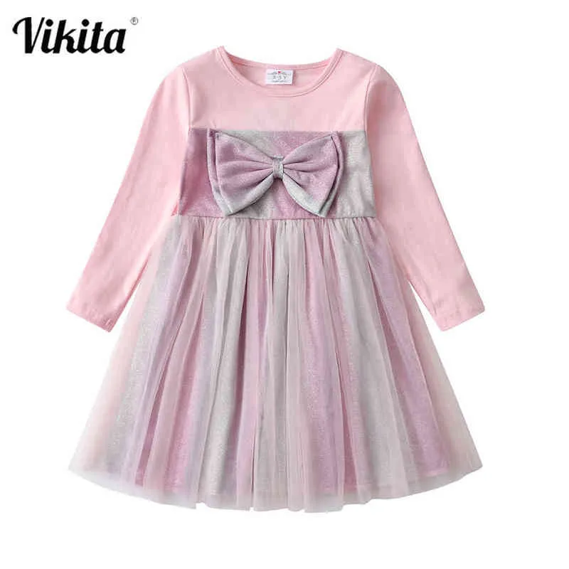 VIKITA Children Autumn Spring Dresses Kids Girls Princess Tulle Dress Wedding Birthday Party Tutu Dress Girls Bow-knot Dresses G1215