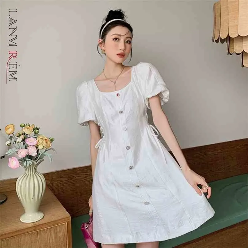 Women Dress Square Collar A-line Drawstring Short Sleeve Button Temperament Loose Fit Fashion Summer 2H818 210526