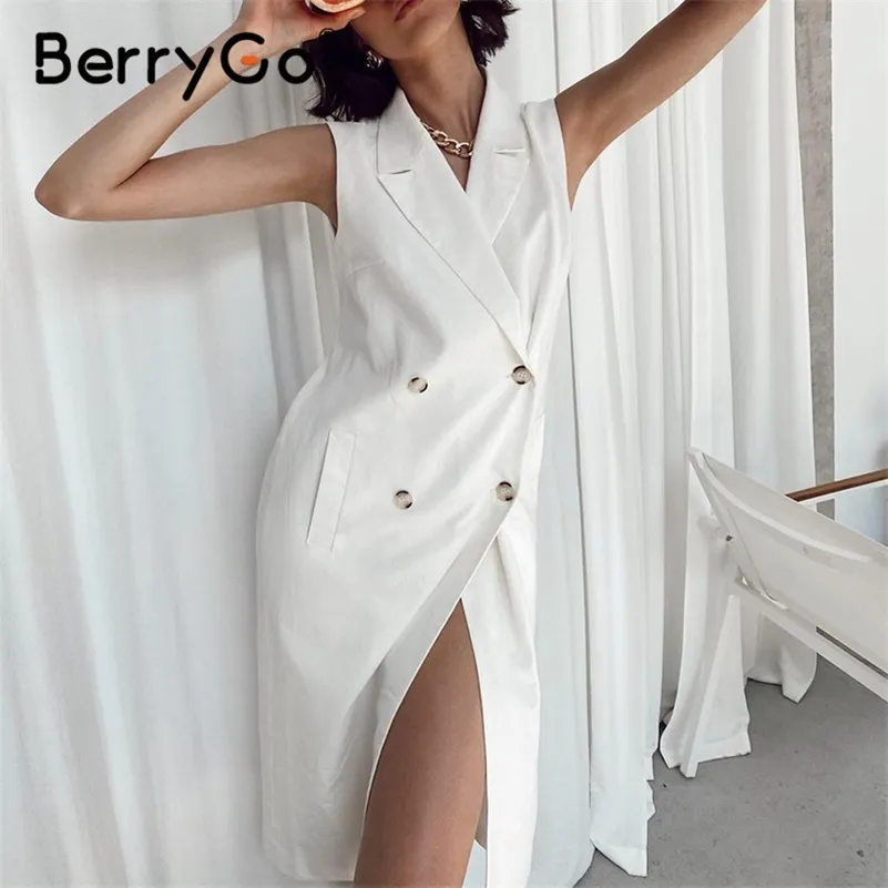 Berrygo v-neckのノースリーブルーズミディドレスソリッドダブルブレストオフィスドレス女性ハイウエストスリムサマーブレザードレス女性210309