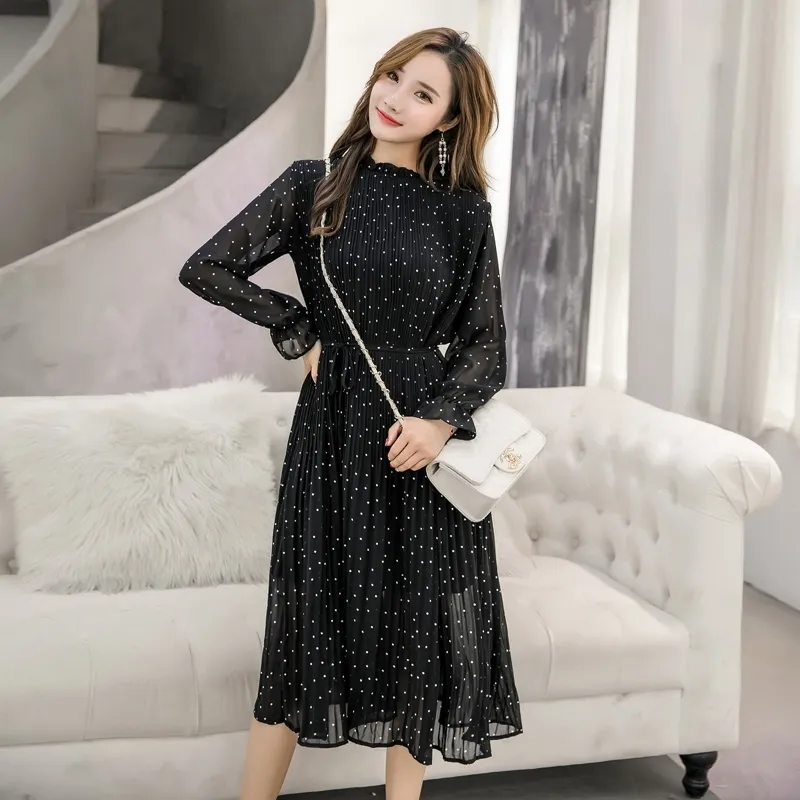 Elegant Long Chiffon Dress Black Polka Dot Pleated... From Lu02, $47.32 In  Bulk