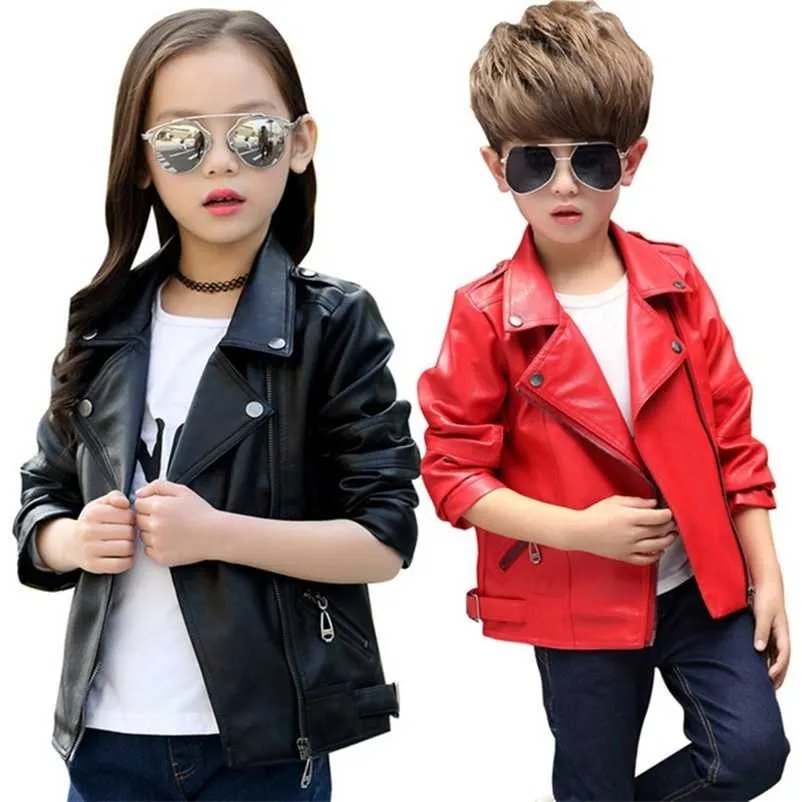 Spring children's clothing girls pu jacket coat clothes boys Classic collar zipper leather 211204