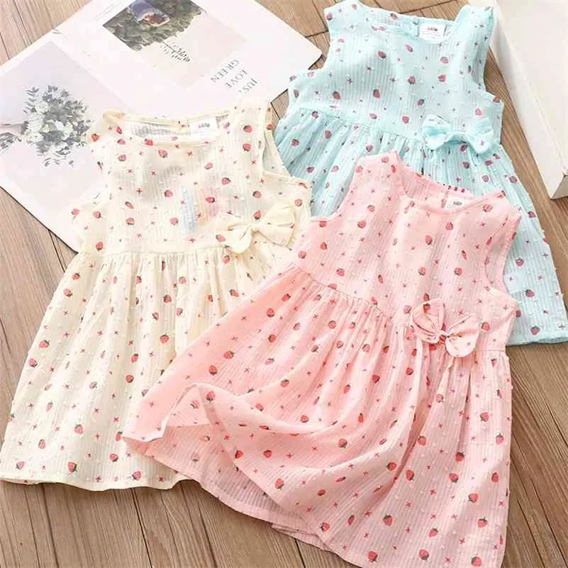 Summer 2 3 4-10 Years Casual Design Sleeveless Fruit Full Print Yellow Pink Blue Bow Female Children Kids Girls Dresses 210701