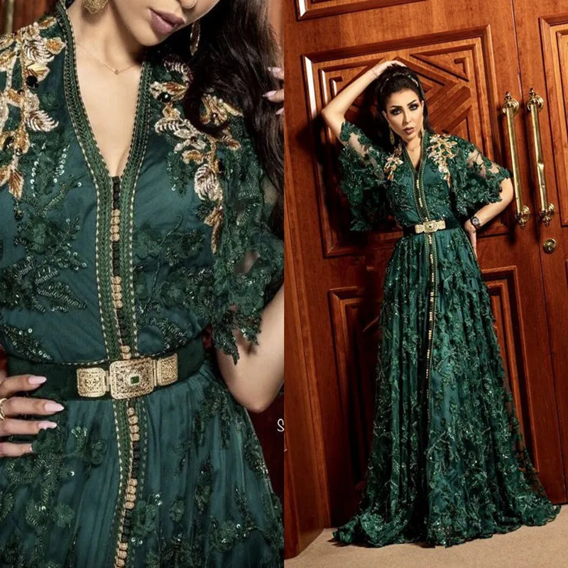 2021 Cazador de vestidos de noche formales de color verde oscuro con manga larga Dubai árabe musulmán Kaftan Abaya 3d Floral Lace Occasion Gown