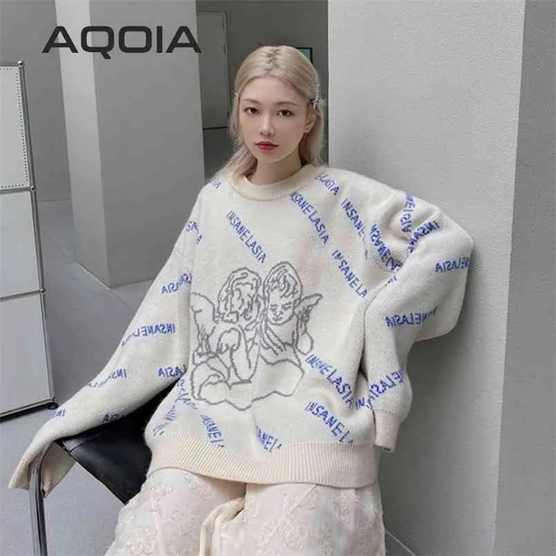 Harajuku Angel Embroidery Knit Female Pullovers Y2K Long Sleeve Women's Sweater Loose Oversize Woman Sweaters Plus Size Clothing 210806