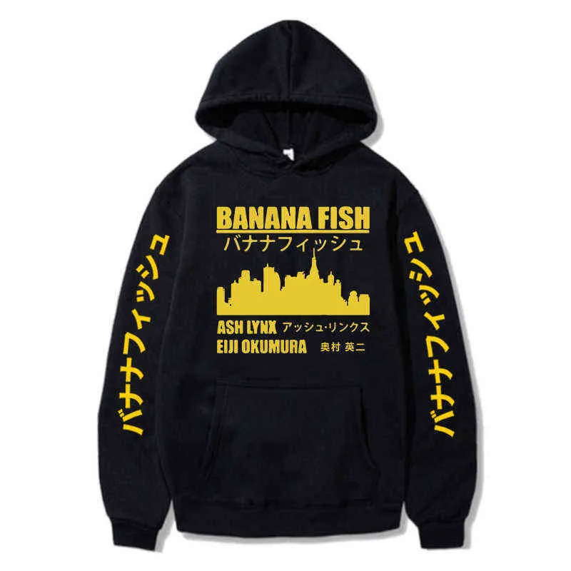 Banana Fish Anime Hoodie Mężczyźni / Kobiety Popularne Moda Harajuku Banana Ryby Bluzy Bluza Sweter Streetwear Ubrania Y211122