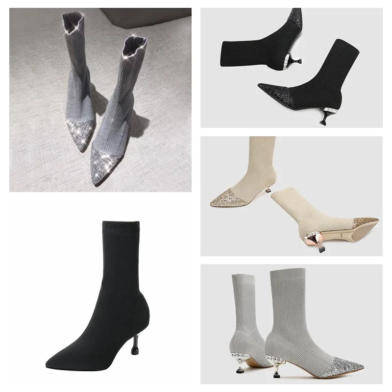 2021 6cm Dress Socks Shoes shine cap toe diamond heels tip fleece pointed midrange boots knitted elastic boot ankle-boots stiletto heel sexy women' shoe