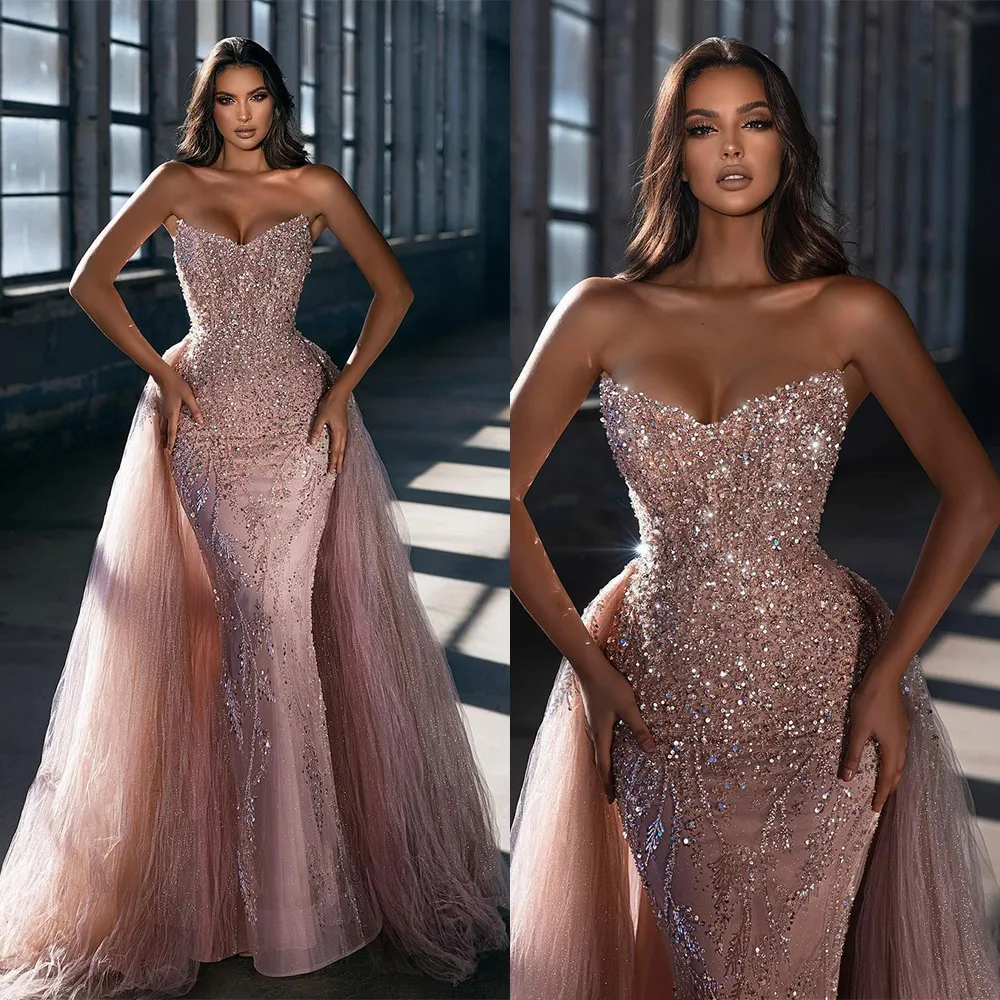 Sparking Pink Prom Dresses Off Shoulder Sequins Sleeveless Evening Dress Custom Made With Tulle Overskirts Floor Length Celebrity Party Gown