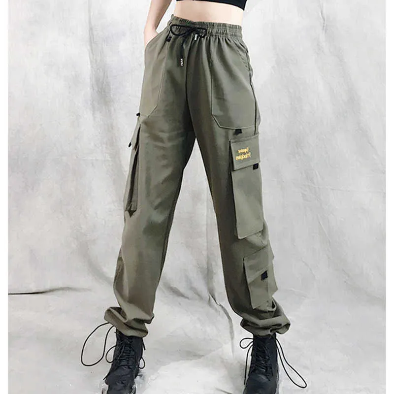 Vår Armé Green Cargo Byxor Kvinna Streetwear Casual för Kvinnor Ribbon Loose Trousers High Waist Sweatpants 210531