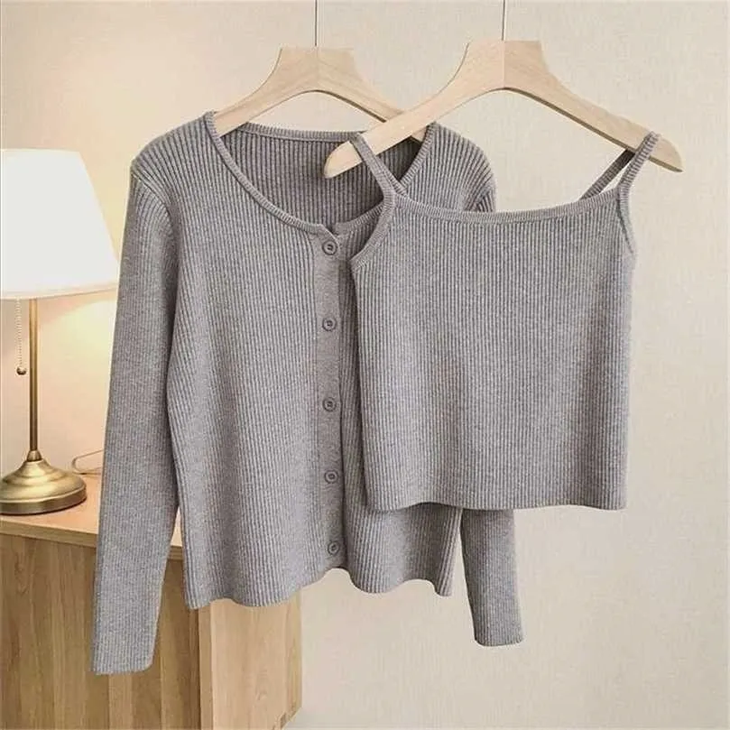 Casual Sling Camisole Gebreide Cardigan Jas Vrouwen Koreaanse Mode Basic Vest + Lange Mouwen Top Solid 2 Stuk Set Sweater Oversize 211026