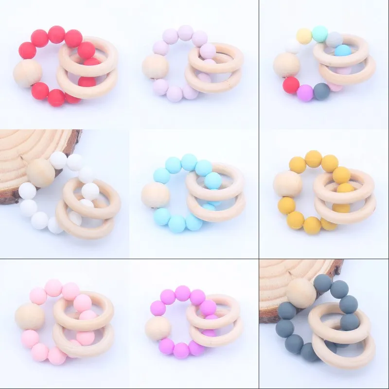 Baby Natural Wooden Teethers Toys Silicone Teether Rattle Baby Heath Accessories Infant Fingers Colorful Teething Ring Play Toys 663 K2