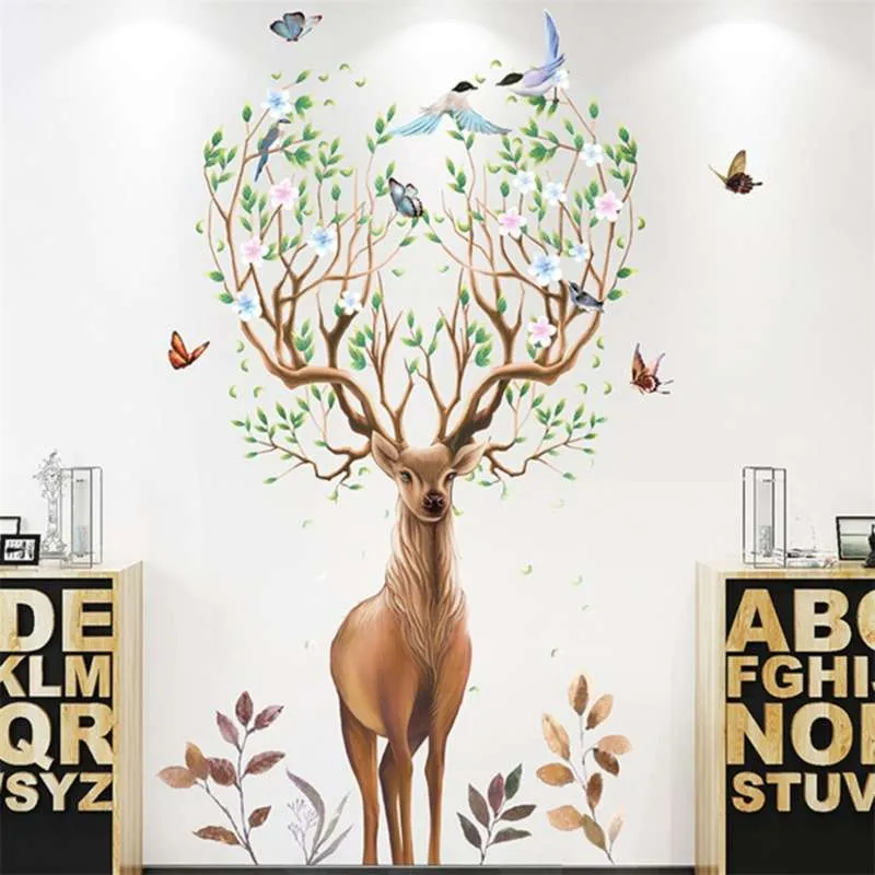 Kreatywny Nordic Zwierząt Duży Deer Raiders Bird Gałęzie Naklejki Ścienne Samoprzylepne PCV Wymienny salon Sypialnia Dekoracja 210929