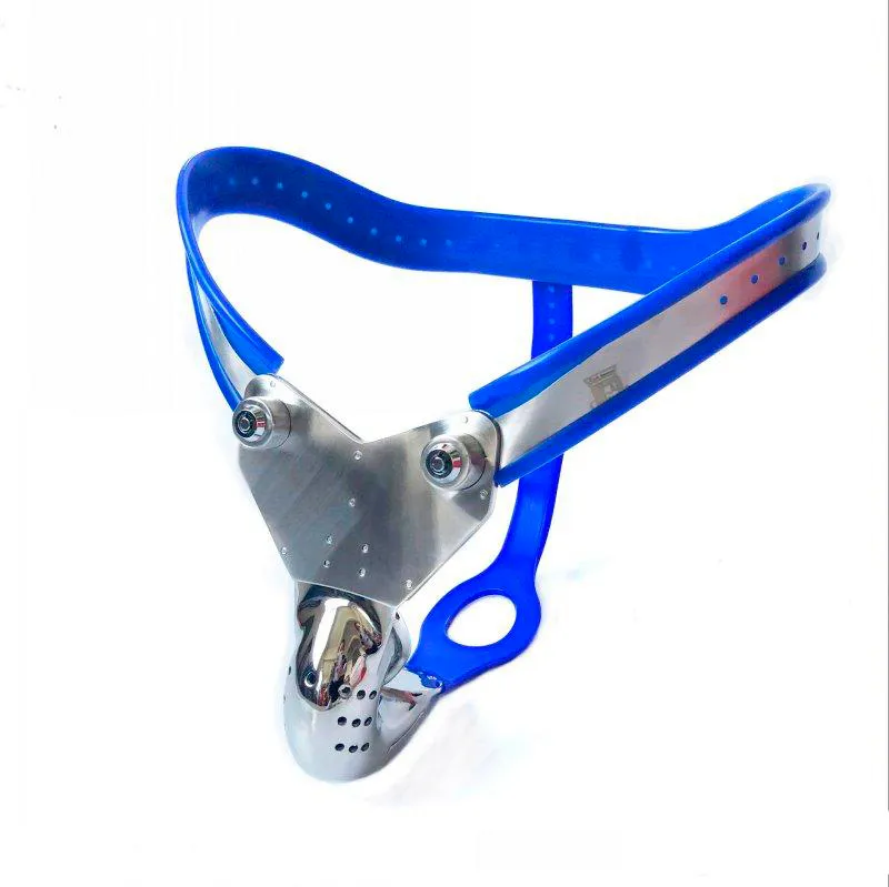 Dispositivo de castidade azul masculino modelo de aço inoxidável-t curva ajustável cintura com gaiola de galo bdsm bondage fetiche calças de retenção com tampa