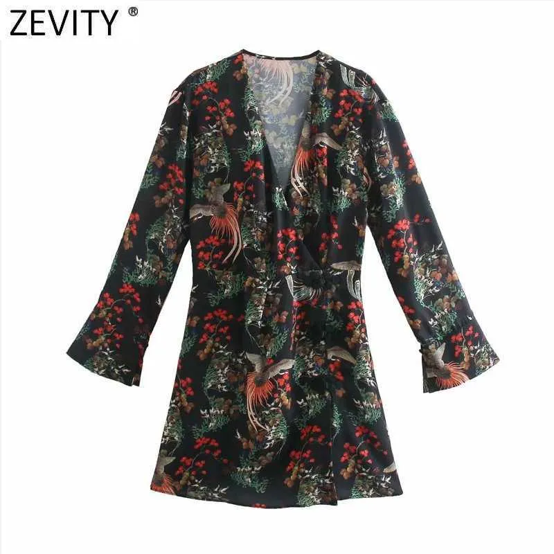 Zeefity vrouwen vintage v-hals totem bloem dierlijke print een lijn jurk chique vrouwelijke lange mouw Chinese plaat vestido DS5024 210603